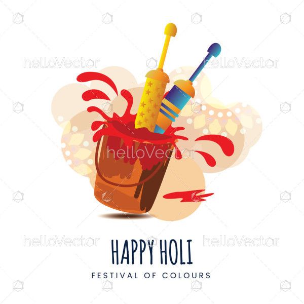 Color bucket with water guns, happy Holi illustration