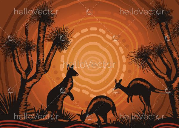Sunset aboriginal nature painting with kangaroo