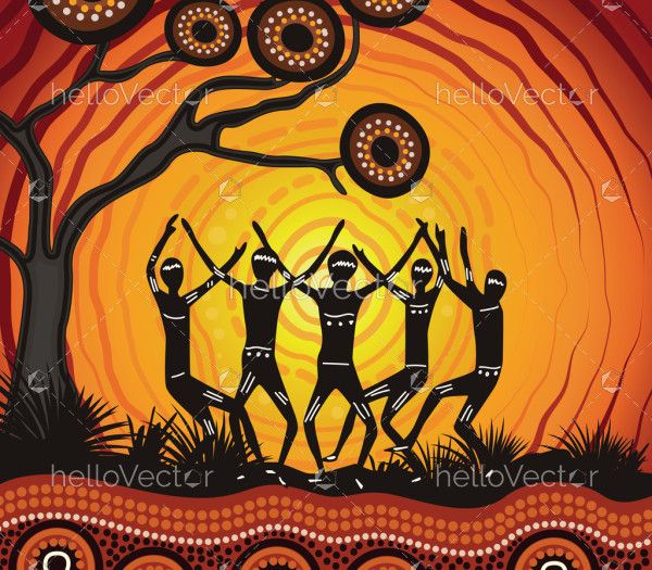 Aboriginal painting with people dancing at sunset