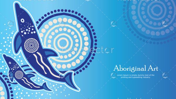 Aboriginal dot art banner design with mother and baby dolphin