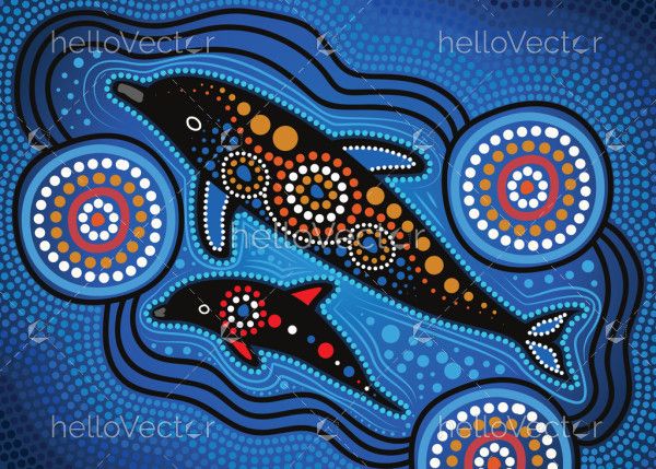 Mother and baby dolphin aboriginal dot painting