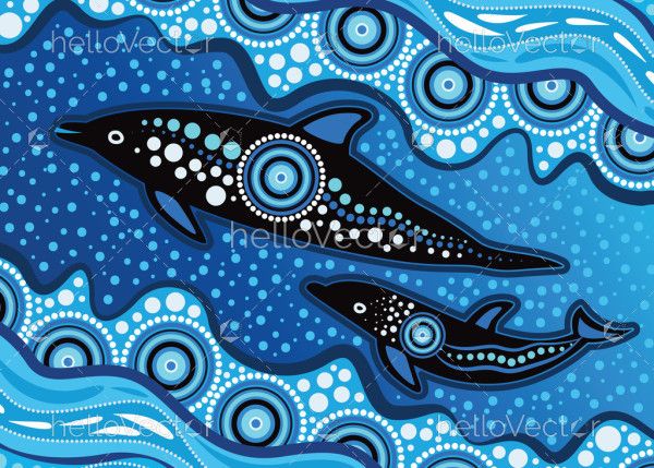 Aboriginal dot art design with mother and baby dolphin