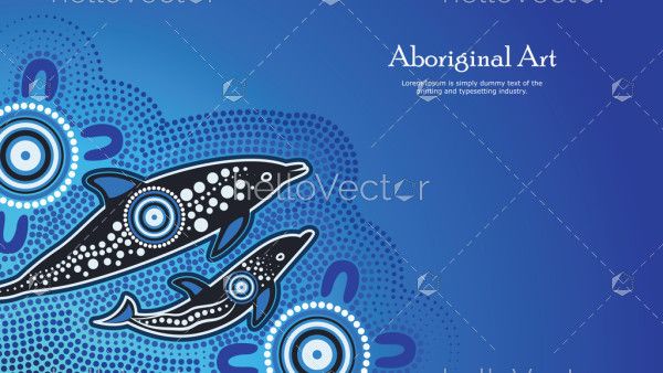 Aboriginal dot art poster design with mother and baby dolphin