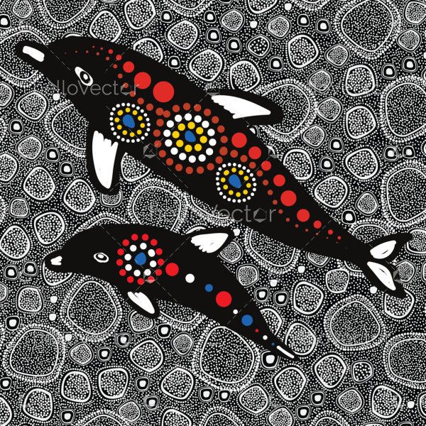 Aboriginal dot art design with mother and baby dolphin