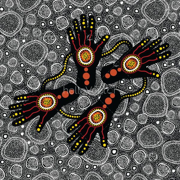 Aboriginal dot vector artwork with hands. Connection concept