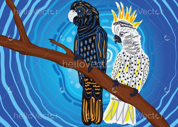 Black and white cockatoo birds aboriginal art background