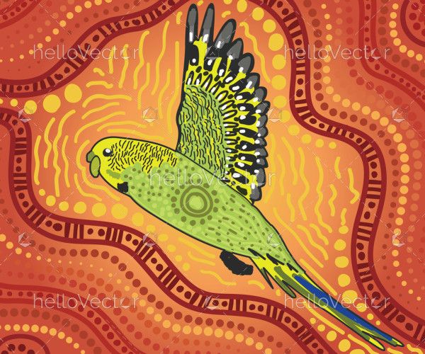 Green flying budgie aboriginal art background