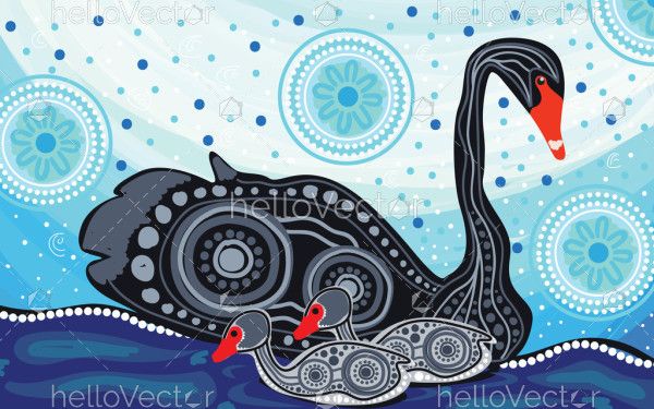 Mother and baby swan. Aboriginal art vector painting