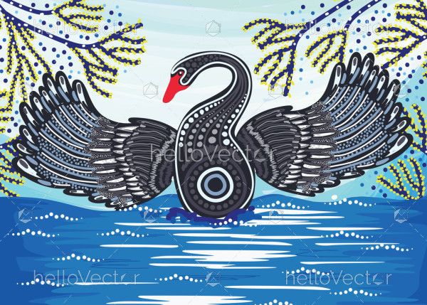 Aboriginal art vector painting with black swan
