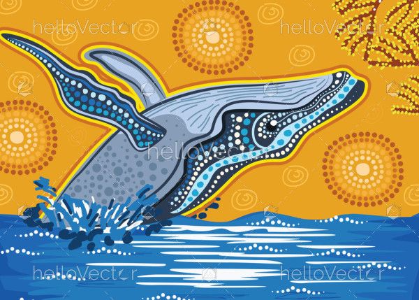 Whale in the ocean aboriginal dot art style