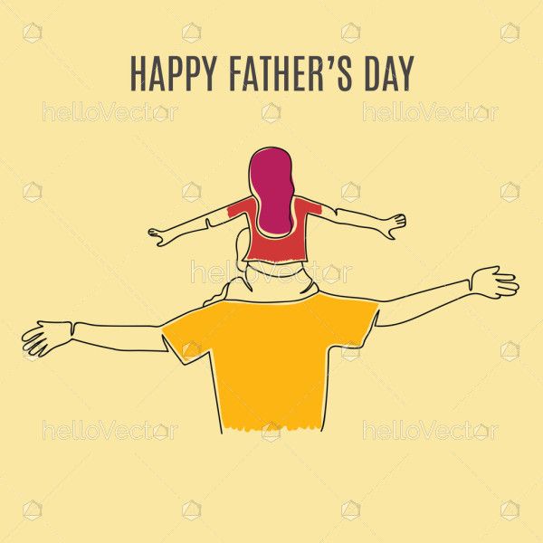 Girl sitting on shoulder of her father. Happy fathers day concept illustration