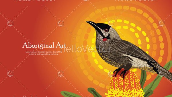Aboriginal dot art banner design with red wattlebird