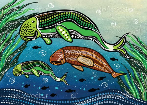 Aboriginal art vector painting with dugong family