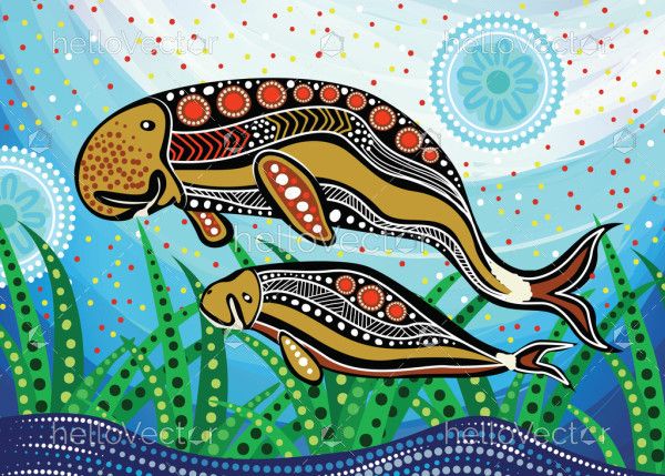 Dugong aboriginal artwork with mother and baby