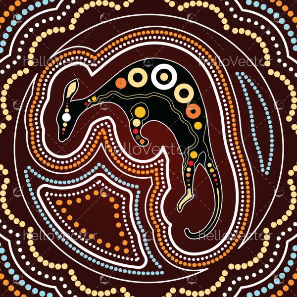 Aboriginal art vector painting with kangaroo. Illustration based on aboriginal style of landscape dot background.