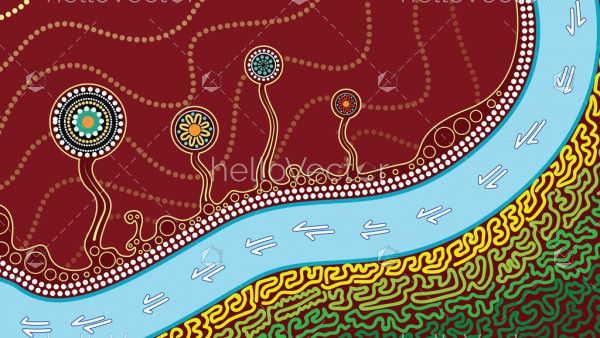 An illustration based on aboriginal style of dot painting depicting kangaroo track, trees and river