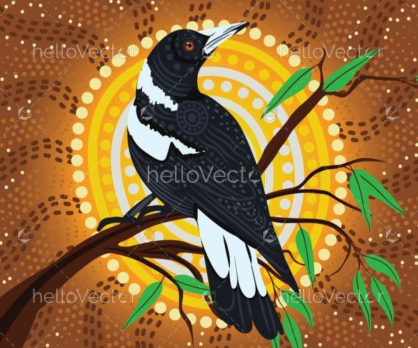 Magpie on tree aboriginal vector artwork