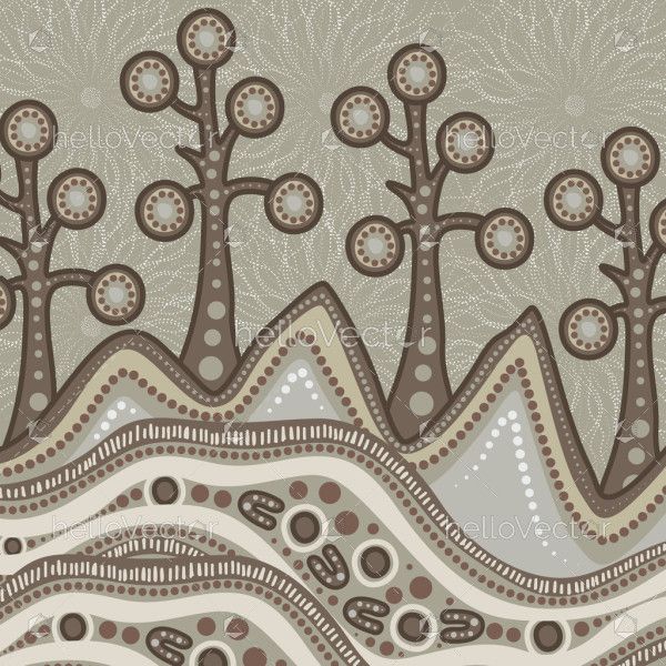 Tree on the hill painting in aboriginal dot art style