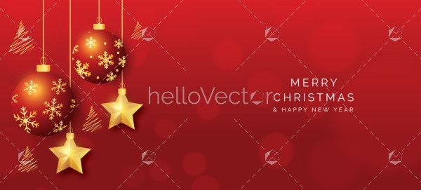 Red Christmas vector banner with baubles and stars decoration