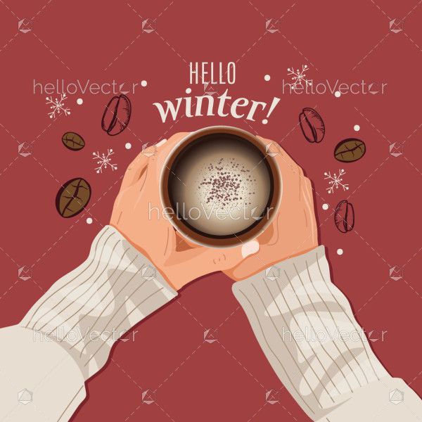Hand holding coffee mug illustration for winter banner