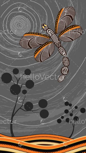 Aboriginal art vector painting with dragonfly