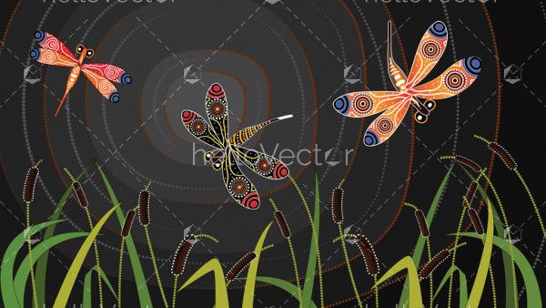 Dragonfly on cattails aboriginal art vector painting.