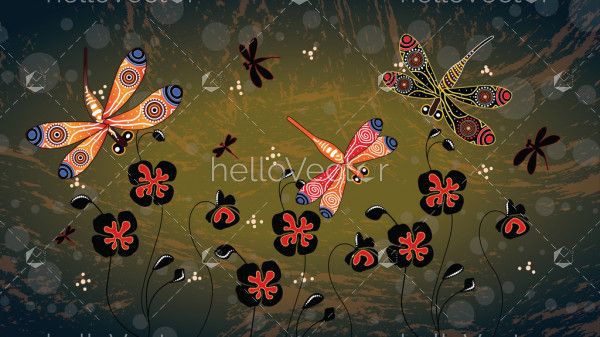 Aboriginal art vector painting with dragonfly and poppy flowers