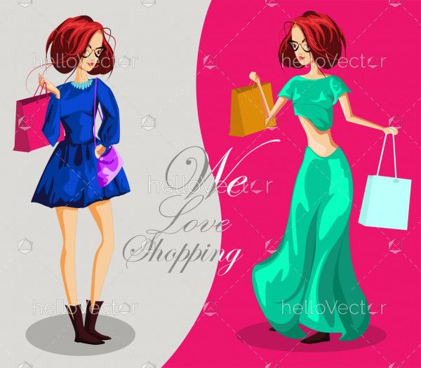 Fashion girls with shopping bags - Vector illustration