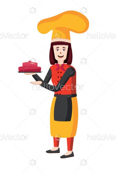 Female chef vector illustration. Woman cook in apron standing with cake