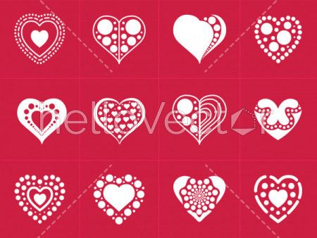 Heart icons collection in trendy flat style isolated on red background.