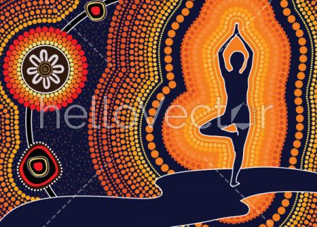 Illustration based on aboriginal style of dot background. Fitness and meditation concept
