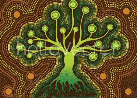 Aboriginal dot art vector painting with tree.