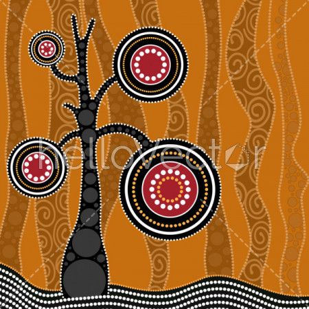 Aboriginal dot art vector painting with tree. - Download Graphics & Vectors