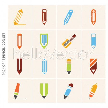 Set of 16 different vector pencil colored icons