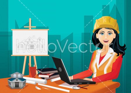 Female builder character in uniform - Vector Illustration