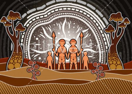 Aboriginal art showing the concept of a small and happy family.
