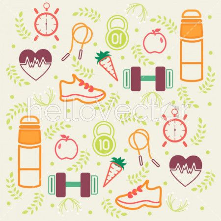 Fitness and diet pattern background with healthy lifestyle icons