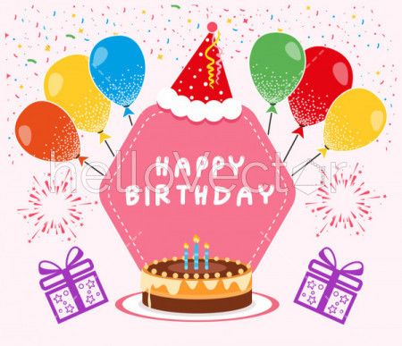 Happy birthday celebration party banner with cake and gifts - Vector illustration