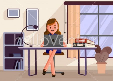 Cartoon girl sitting at the desk and working on computer - Vector illustration