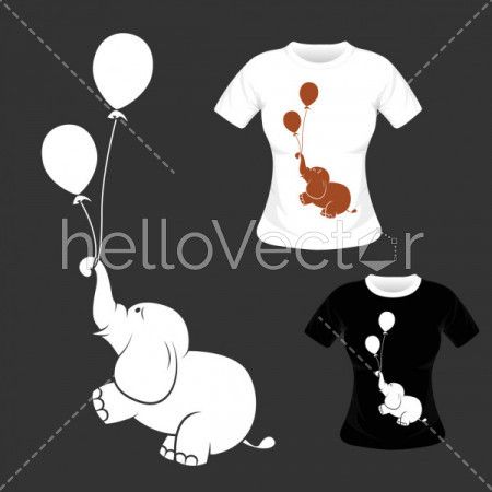 T-shirt graphic design. Cute elephant with balloon vector illustration.