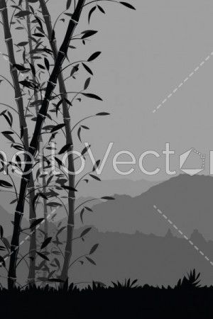 Nature background with bamboo portrait view. Black and white scenery mobile wallpaper - vector illustration