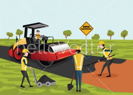 Road Construction Vector - The process of building a new road. Road rollers working on the new road.