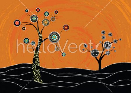 Tree on the hill, Aboriginal tree, Aboriginal art vector painting with tree