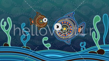 Aboriginal dot art painting with fish underwater concept.