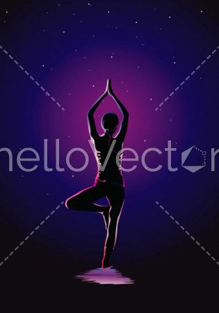 Yoga background vector illustration, Glowing outline of woman in yoga pose on dark background.
