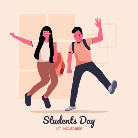 Two happy students in cartoon style, World students day banner