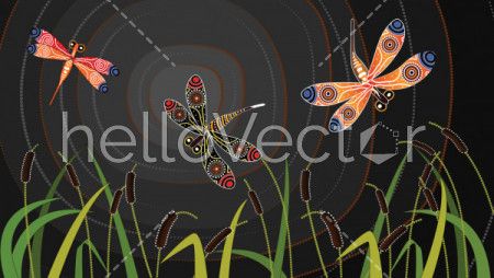 Dragonfly on cattails aboriginal art vector painting.