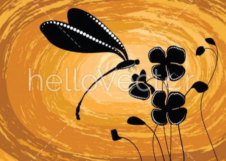 Aboriginal art vector painting with dragonfly and poppy flowers