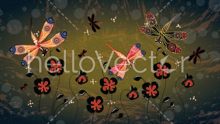 Aboriginal art vector painting with dragonfly and poppy flowers